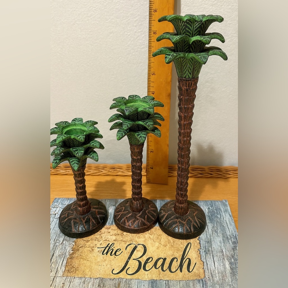Vintage Bronze Palm Tree Candlestick Holders Set of 3 Tropical Verdigris Decor